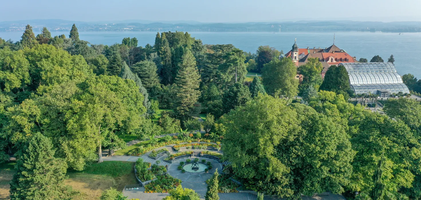 Luftaufnahme Brunnenarena mit Palmenhaus und Schlossansicht auf der Insel Mainau