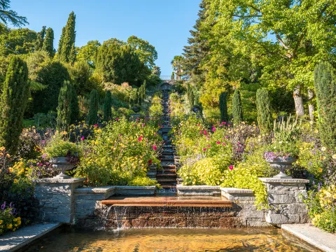 Italienische Blumen-Wassertreppe auf der Insel Mainau mit Sommerbepflanzung