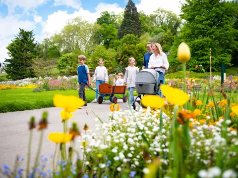 Familie spaziert durch den Dahliengarten der Insel Mainau