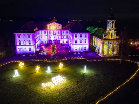 Schloss Mainau und die Schlosskirche St. Marien auf der Insel Mainau werden illuminiert