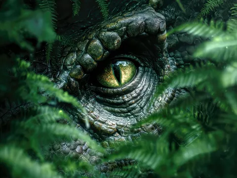 Nahaufnahme eines reptilienartigen Auges, das zwischen dichten grünen Farnblättern hervorschaut