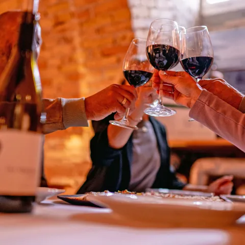 Menschen stoßen mit Rotwein an 