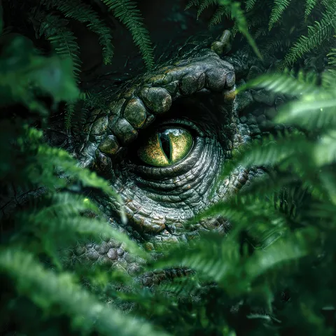 Nahaufnahme eines reptilienartigen Auges, das zwischen dichten grünen Farnblättern hervorschaut